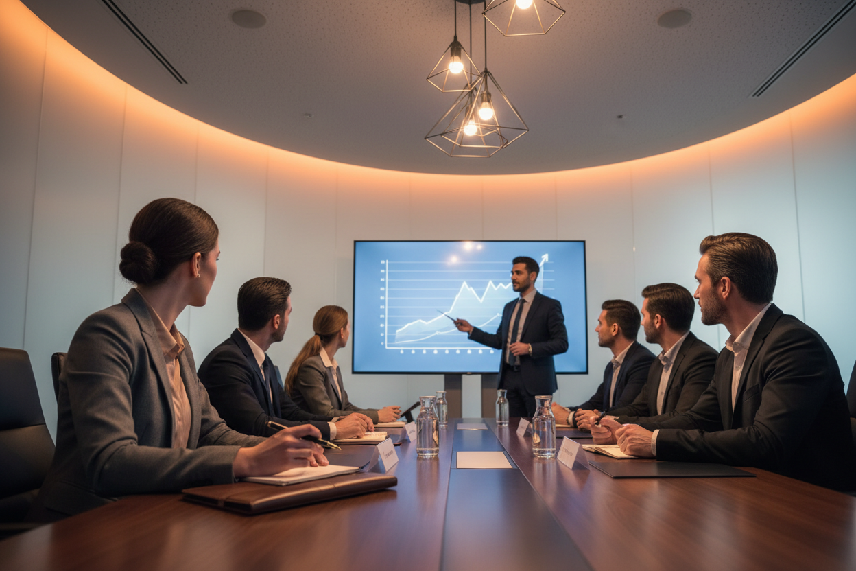 Donna che prende appunti durante presentazione con relatore