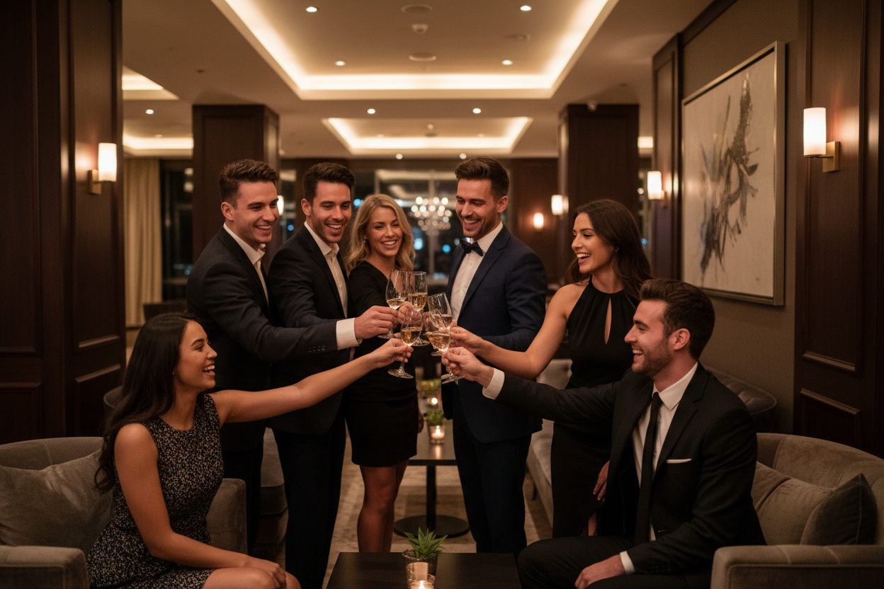 Gruppo di ragazzi e ragazze che brindano insieme